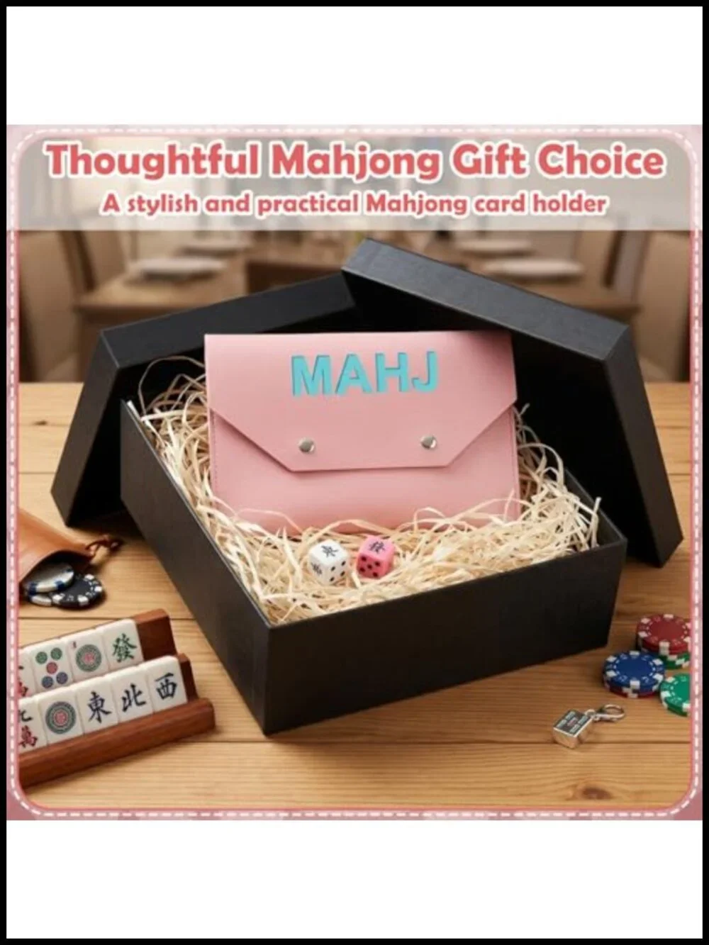 Leather Mahjong Card Holder Case with Magnetic Button, 8x6 Inch